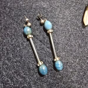 Vtg 60s Mcm Larimar Rhinestone Tube Bead Earrings